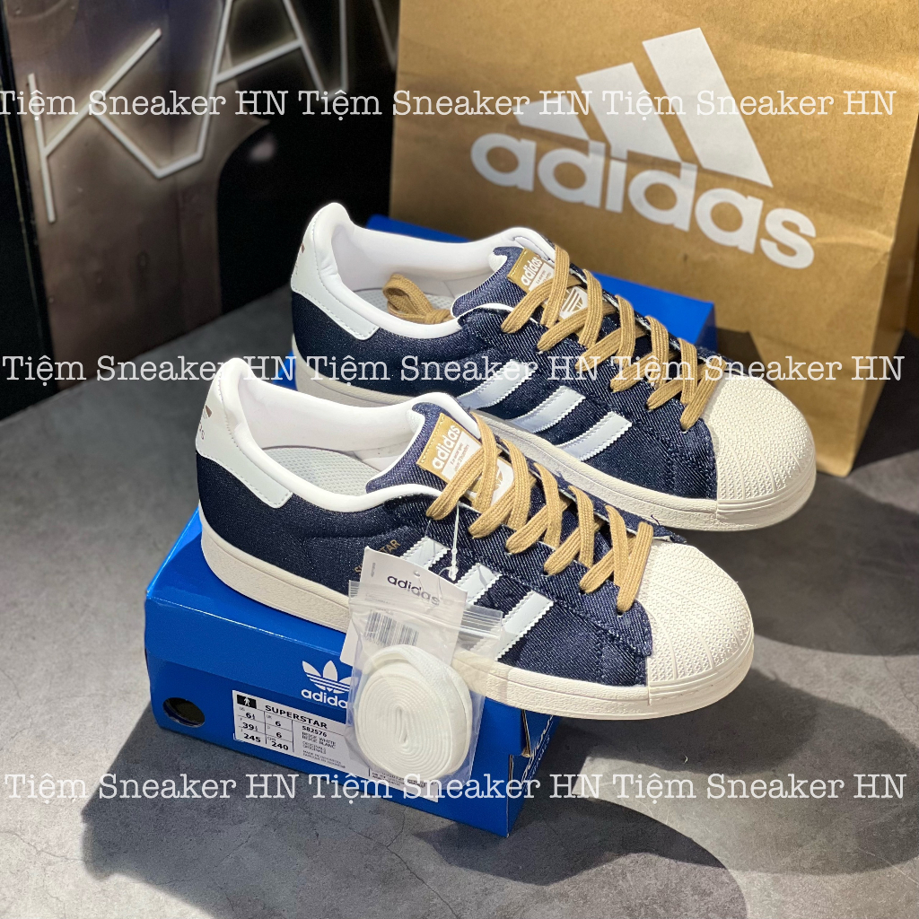 Giày Thể Thao  Adidas Superstar Navy White Giày Vải Da Bò Dây Vàng