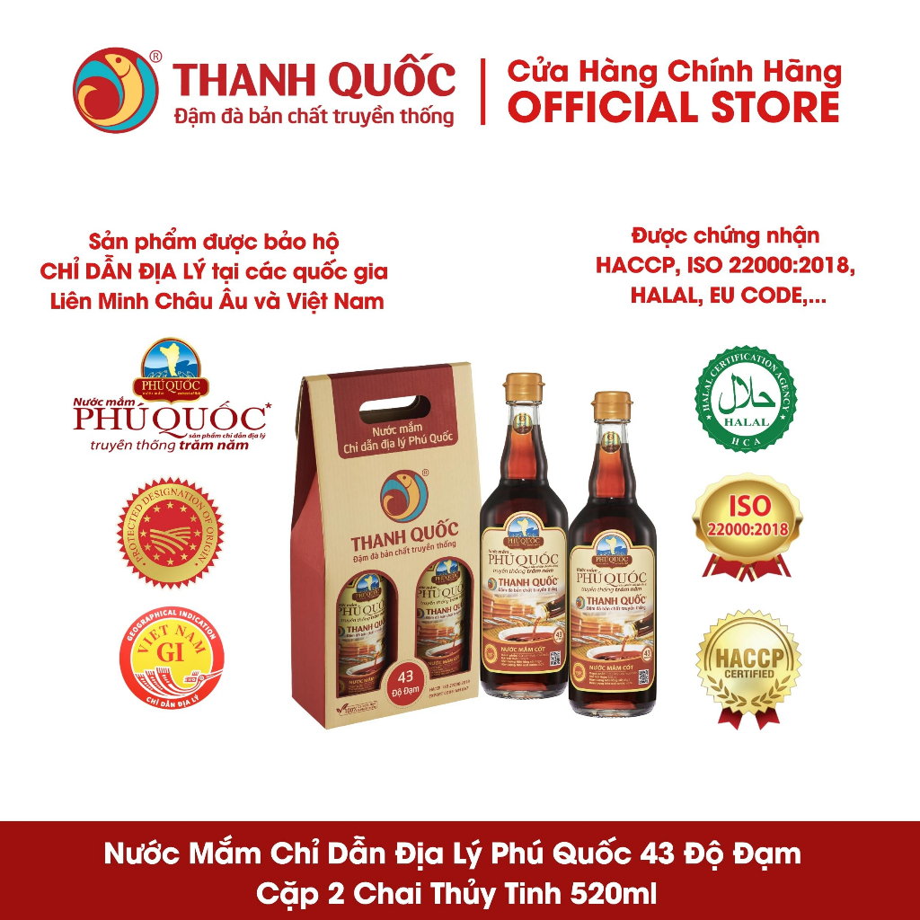 Nước mắm chỉ dẫn địa lý Phú Quốc - Thanh Quốc 43N, chai thủy tinh 520ml