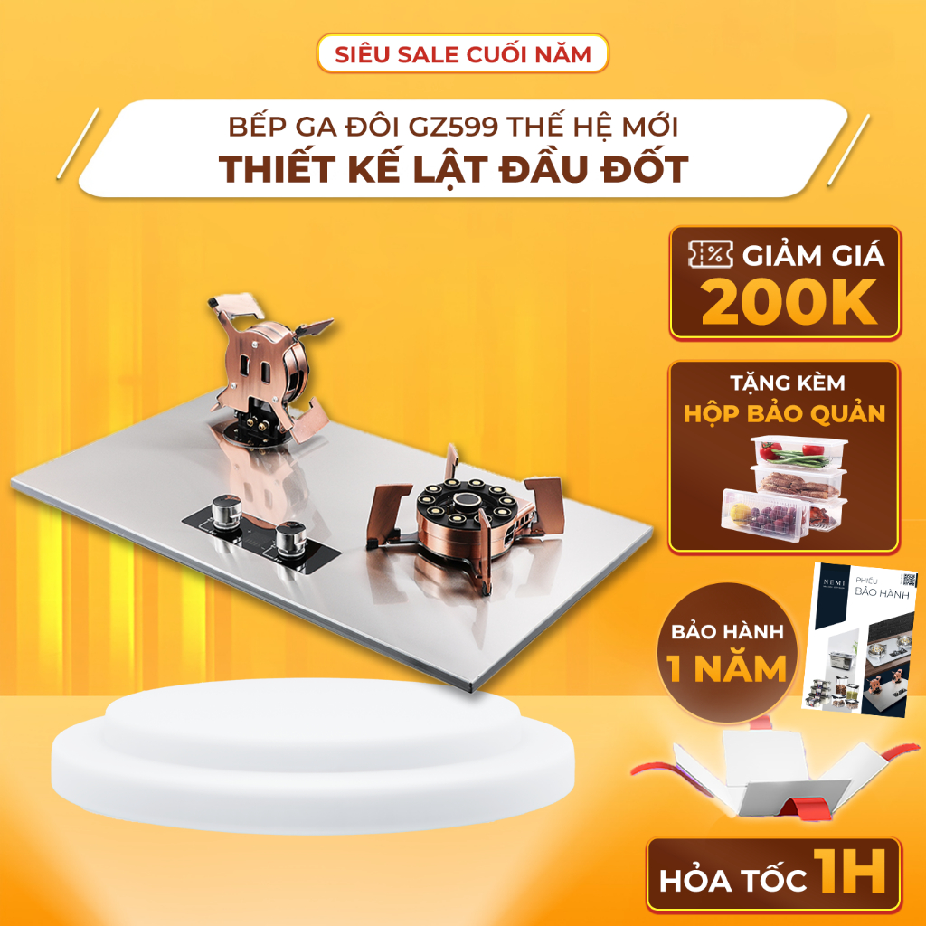 Bếp Ga Đôi Lật Đầu Đốt GZ599 Bề Mặt Inox Tráng Bạc, Tích Hợp Chế Độ Hẹn Giờ Thông Minh, Bếp Gas 10 Đầu Đốt Mạ Đồng