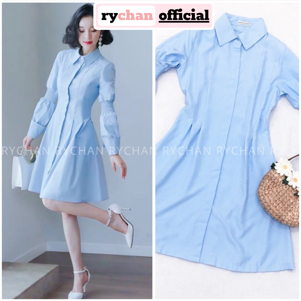 Đầm Nữ Dự Tiệc Cổ Sơ Mi Tay Dài Nhúng Thun Nút Trước Thắt Eo Thanh Lịch Công Sở Cực Tôn Dáng [ẢNH THẬT CUỐI] - DX9945