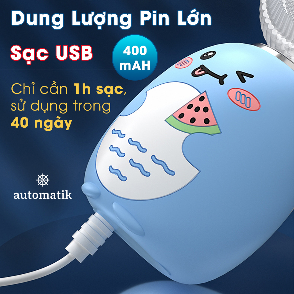 Bàn Chải Đánh Răng Điện Cho Bé, Bàn Chải Chữ U Silicon Mềm Mại Cho Trẻ Từ 2 - 12 Tuổi - Automatik