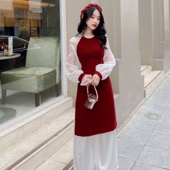 Áo Dài Nhung Tay Bồng Dáng Cách Tân Cho Nữ 2023