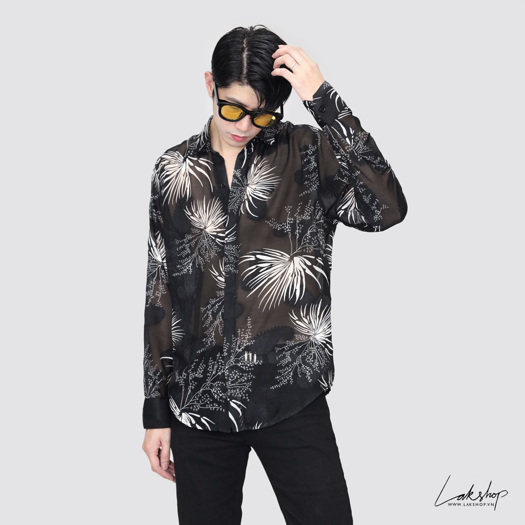 Áo sơmi xuyên thấu Lak Studios Fan Palm x Paisley Black Silk Shirt