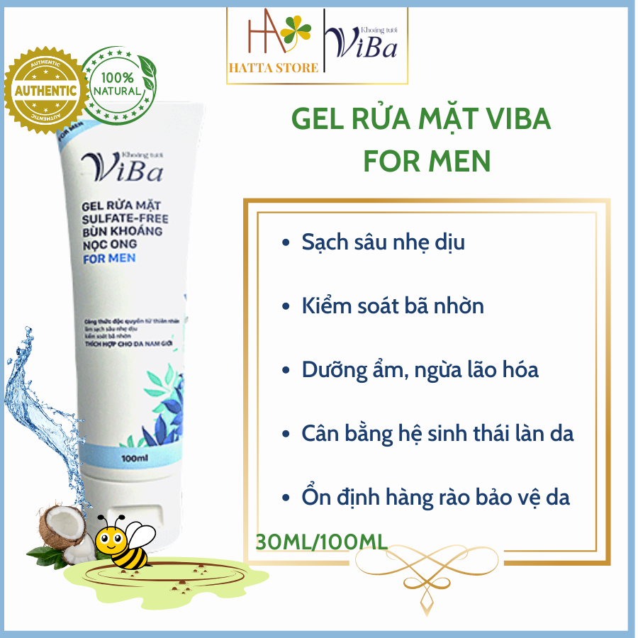 Gel/Sữa rửa mặt bùn khoáng nọc ong Viba cho nam giới (for men) - sạch sâu dịu nhẹ, dưỡng ẩm, kiềm da dầu - HATTA STORE