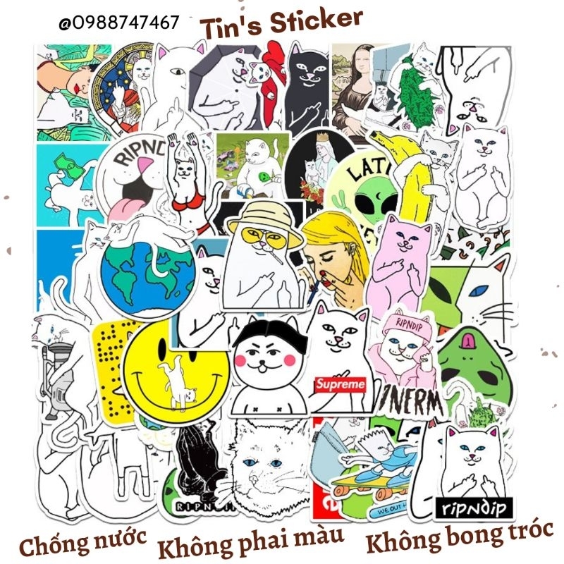 Set combo 50 miếng dán sticker mèo ripndip dán nón mũ bảo hiểm laptop vali sổ tay đàn guitar điện thoại tủ lạnh xe máy