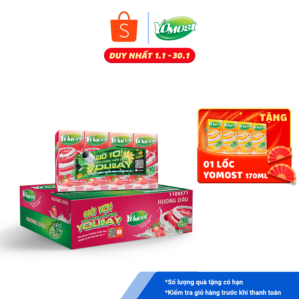 Thùng 48 Hộp Sữa Chua Lên Men Tự Nhiên Yomost Vị Dâu (170ml/Hộp)