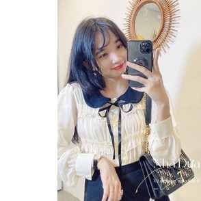 Áo sơ mi nữ kiểu đẹp sang tôn dáng - áo xuyên thấu cổ nơ hạt trai tiểu thư lịch sự (hình thật Dứa chụp)