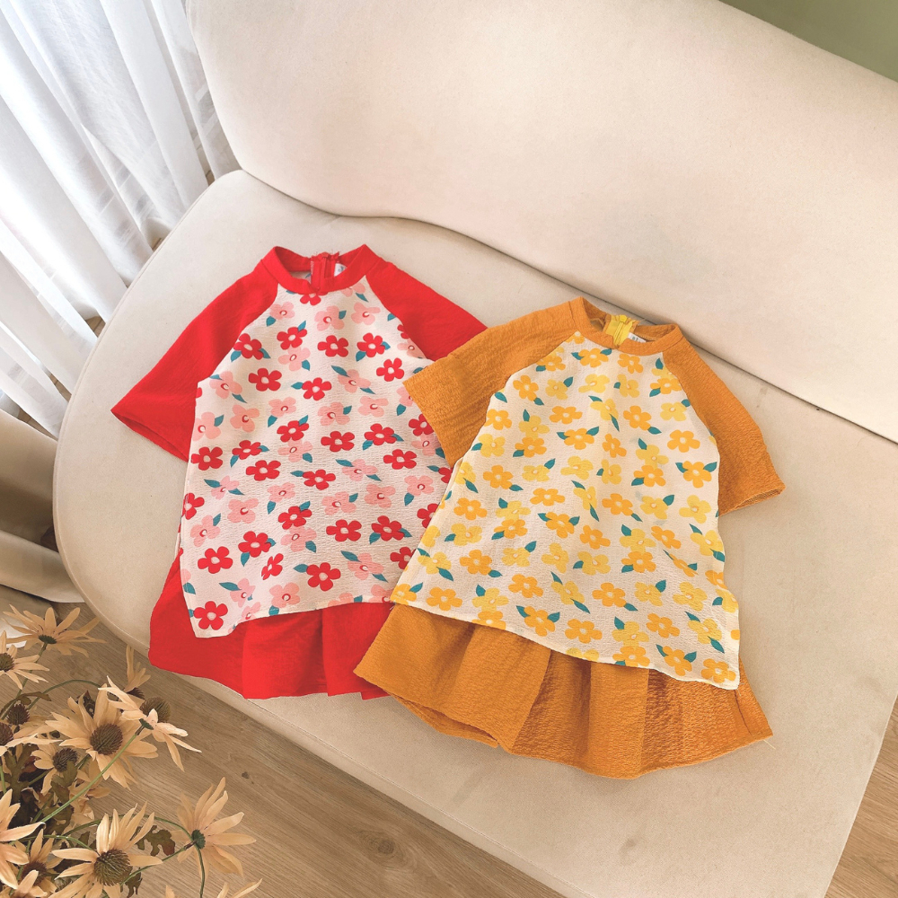 Áo dài cách tân bé gái mặc tết hoa màu hồng xanh tím vàng đỏ xòe cho bé đi chơi, lễ tết có size tới 24Kg