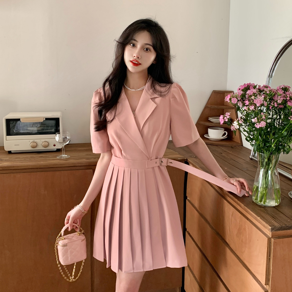 Đầm công sở cổ vest dáng xoè xếp ly thiết kế thời trang thanh lịch nhã nhặn