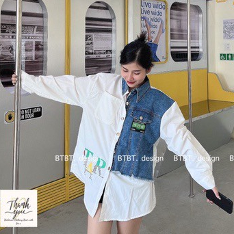 Áo sơ mi phối bò dáng rộng, Áo sơ mi thụng phối jeans phong cách Hàn Quốc