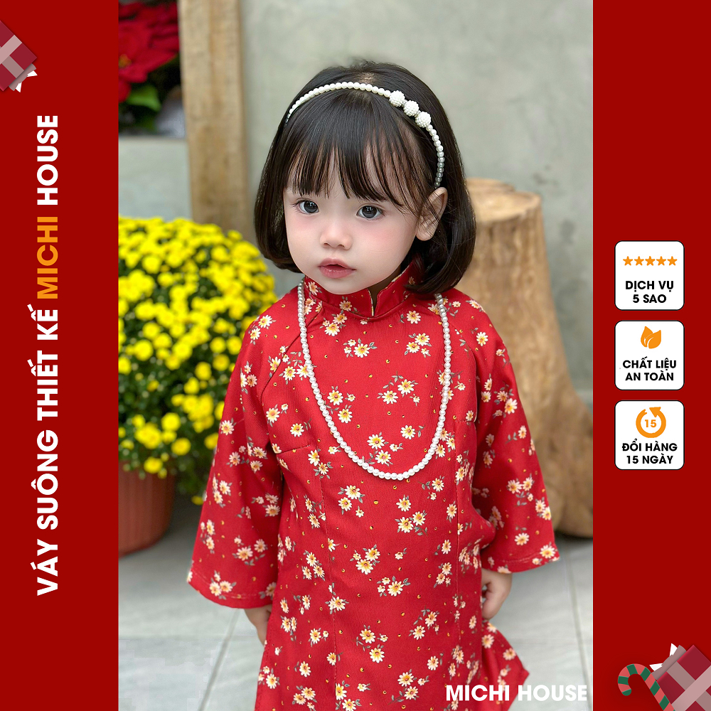 Set Áo Dài Bé Gái Dáng Suông Michi House Váy Xuông Truyền Thống Mặc Lễ Tết Cho Bé An Toàn Cho Da ADB4