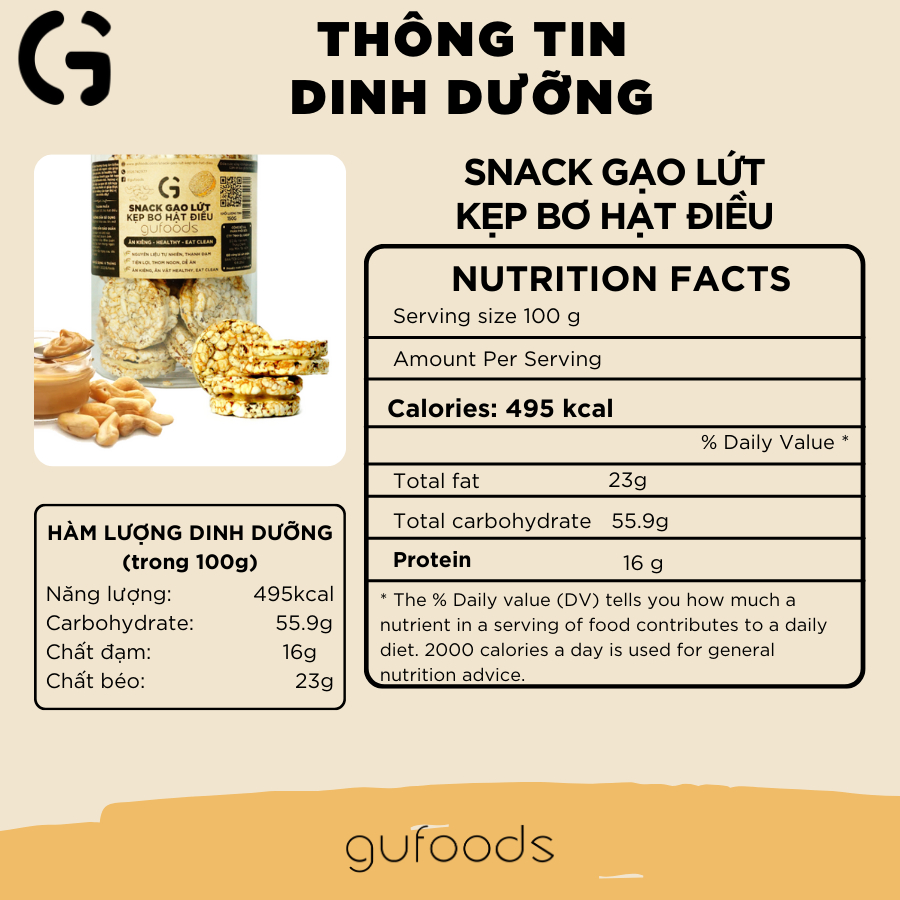 Bánh gạo lứt kẹp bơ hạt GUfoods - Ăn kiêng, Tiện lợi, Thơm Ngon, Phù hợp Tập gym, Eat clean