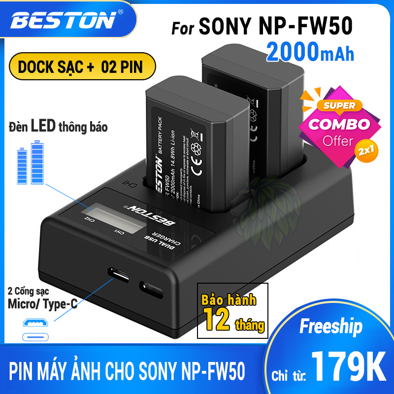 Bộ Pin Sạc Sony NP-FW50 Beston Dung Lượng Cao, Dùng Cho Máy Ảnh Sony A6000 A6300 A6500 A7 A7 II A7R A7S,  NEX-3, Nex5..