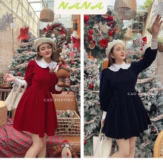 Đầm nhung nữ cổ sen trắng phối tay dài / Váy xòe tôn dáng style ulzzang trẻ trung, cá tính Nanashop