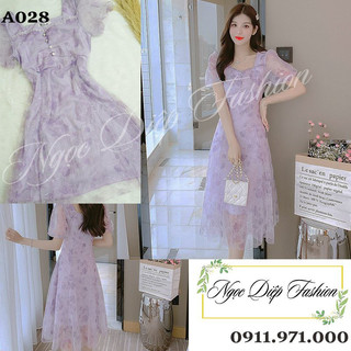 Đầm voan 2 lớp tay phồng màu tím