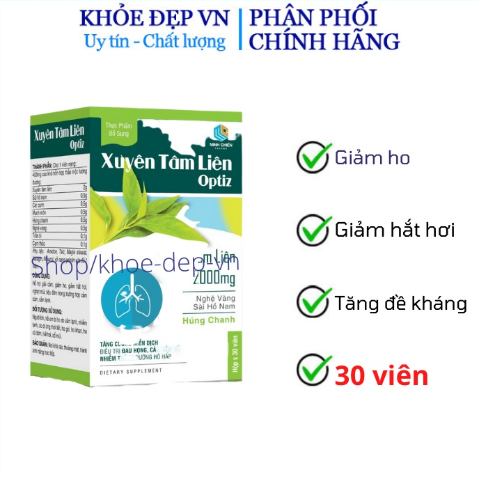 Viên uống Xuyên tâm liên Optiz 2000mg - Tăng cường sức đề kháng - Hộp 30 viên