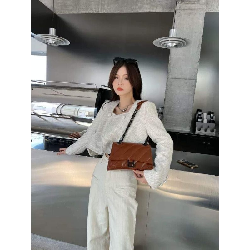 Áo khoác dạ tweed trắng dáng ngắn croptop cúc bọc cổ vuông trẻ trung KD301