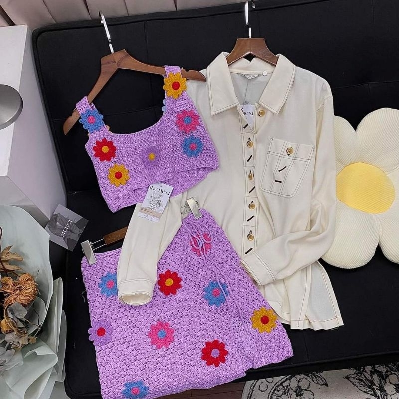 Set Áo Váy Len Hoa Cúc Crop Top Cover Up Đi Biển