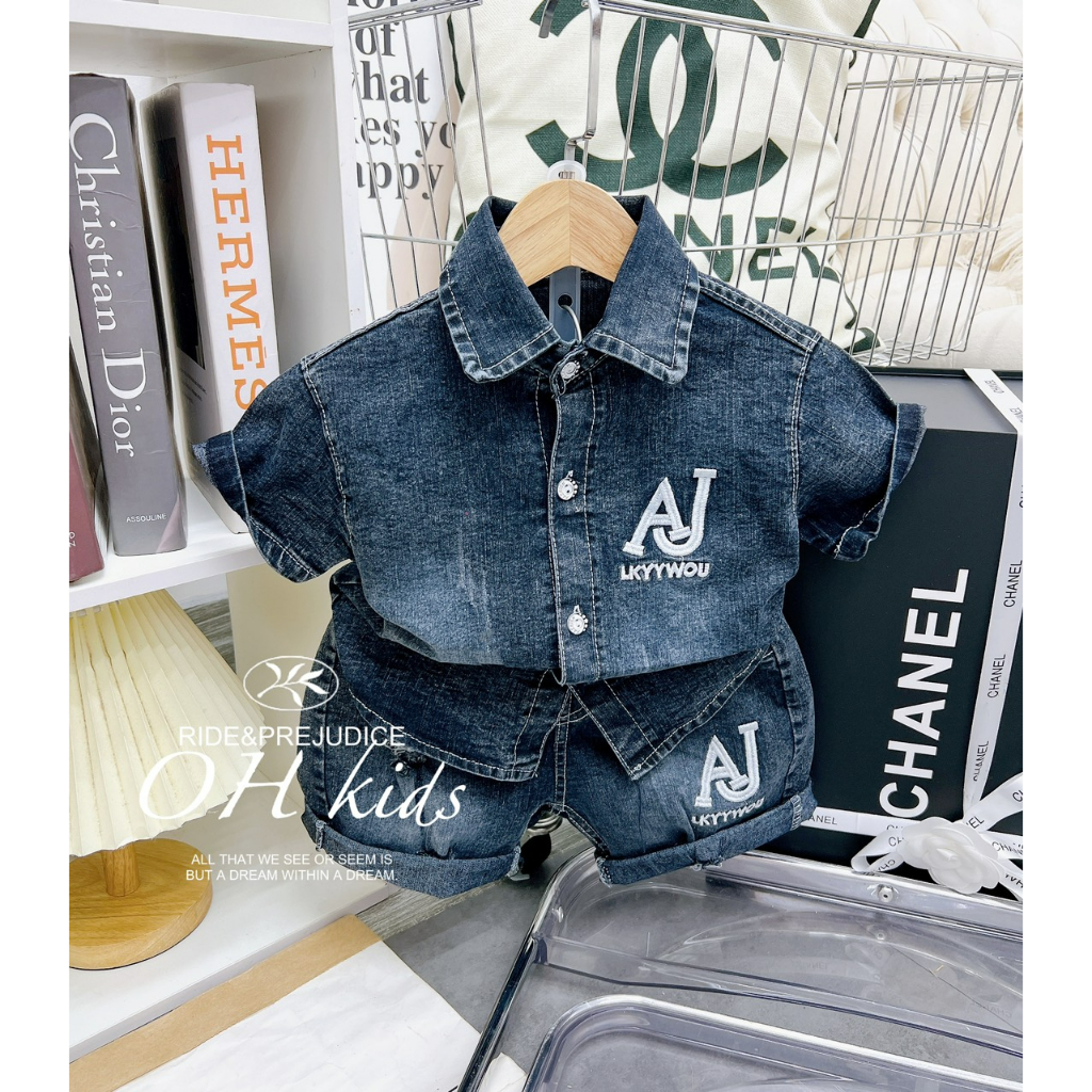 Đồ bộ bé trai , Set bộ jeans cộc tay Áo sơ mi bò thêu chữ AJ sắc nét phối quần bò ráchsành điệu cho bé