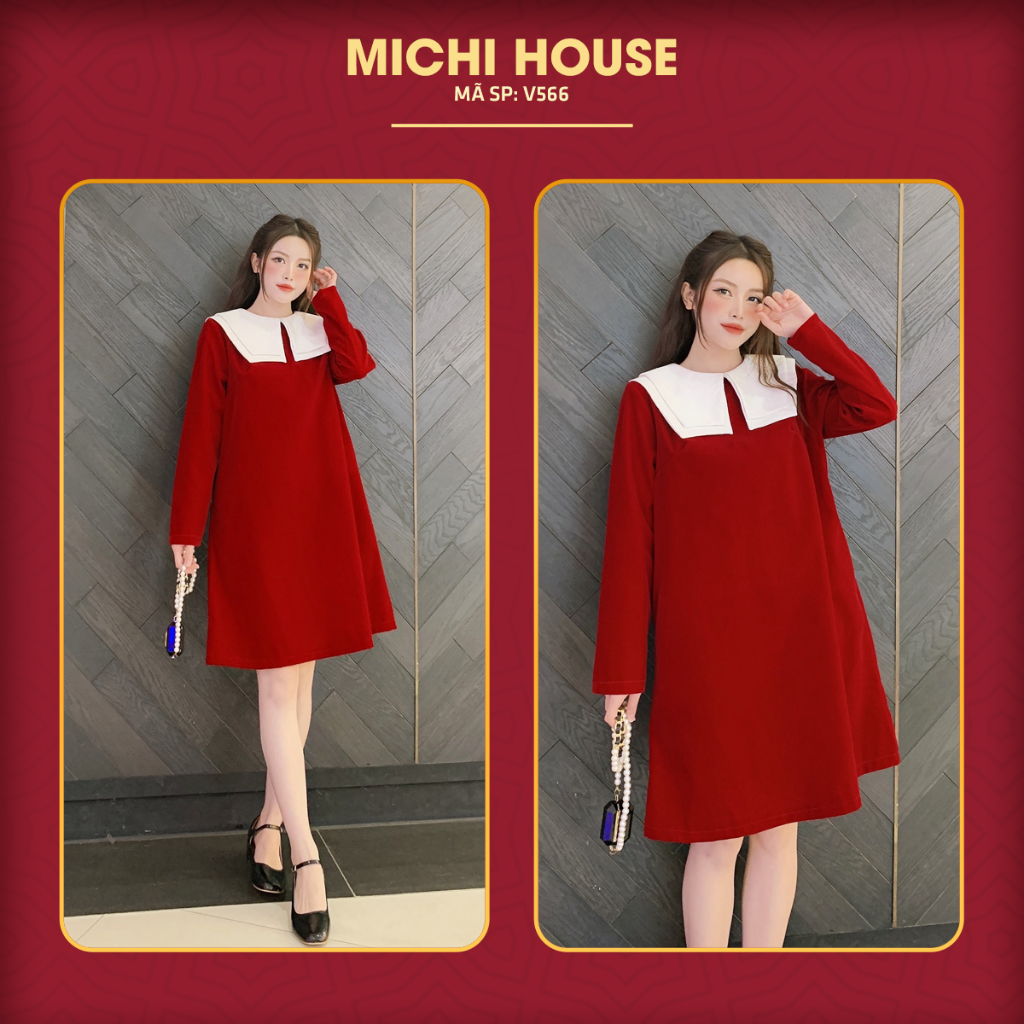 Đầm Suông Đỏ Mặc Tết Michi House Váy Xuông A Dáng Dài Đến Gối Phong Cách Hàn Quốc Freesize Bầu Mặc Cũng Xinh V566