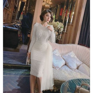 [Lani Dress] Đầm thiết kế body tay dài ren lưới lỗ kim tuyến kết ngọc xinh xắn - mochouse83