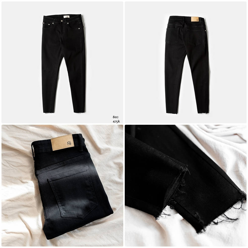 Ri804 jeans đen trơn cắt lai phong cách Hàn Quốc.
