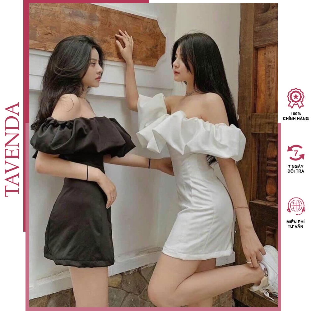 Váy trễ vai hai màu trắng đen váy đầm trắng trễ vai nữ tay bồng dáng dài tiểu thư xinh dễ thương TAVENDA VT22