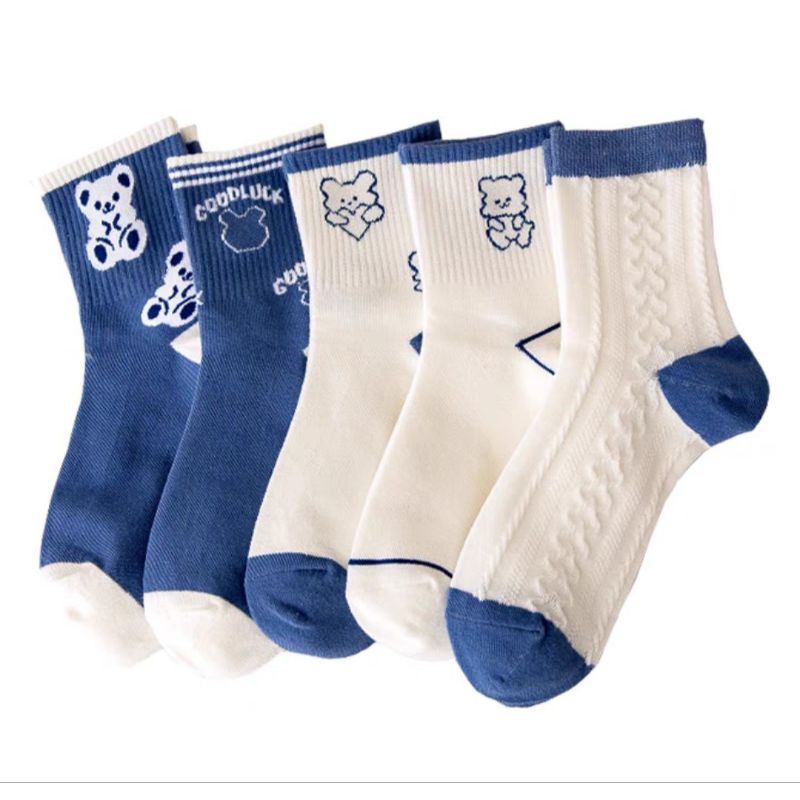 Set 5 đôi tất vớ xanh cao cổ họa tiết gấu phối màu trẻ trung trendy hàng đẹp giá rẽ mẫu mới hot hit