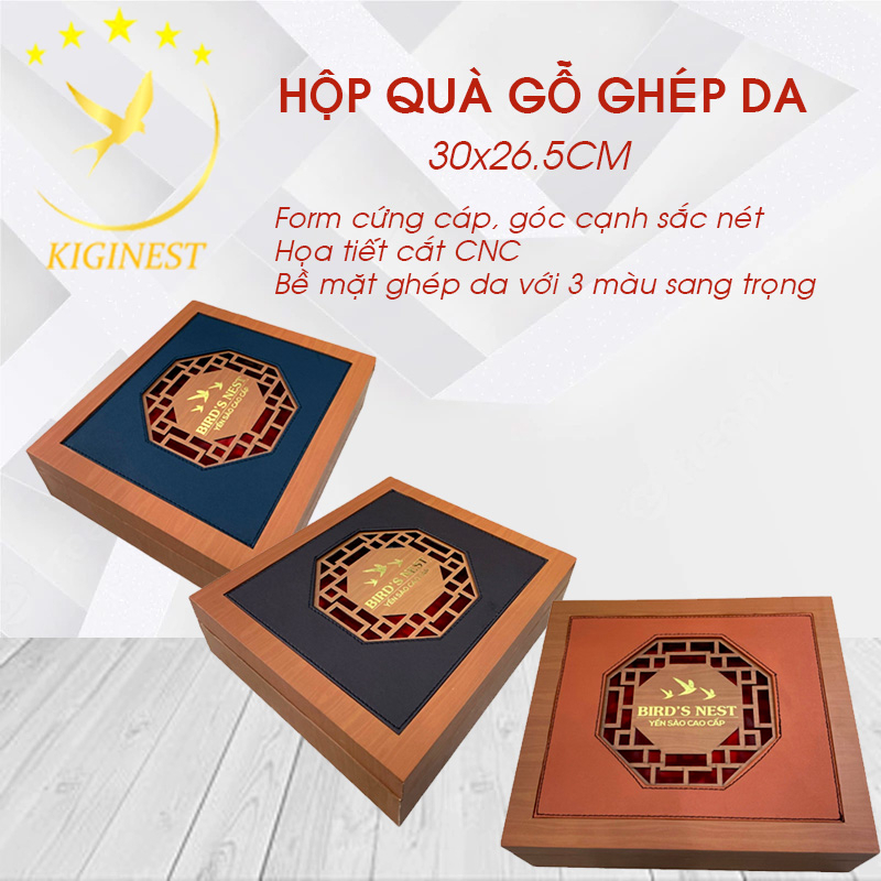 BỘ HỘP QUÀ GỖ GHÉP DA ĐỰNG HỘP YẾN SÀO KHAY HOA MAI 100G
