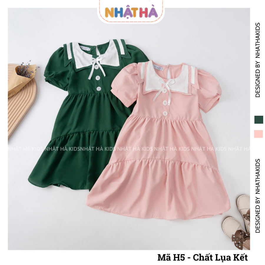 Váy bé gái H5 chất lụa thoáng mát mùa hè dáng xòe đuôi cá cổ thủy thủ đính nơ công chúa size đại 12- 43 kg