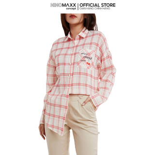 Ninomaxx Áo Sơ Mi Nữ tay dài cổ bẻ trắng sọc caro đỏ 100% cotton 1911066