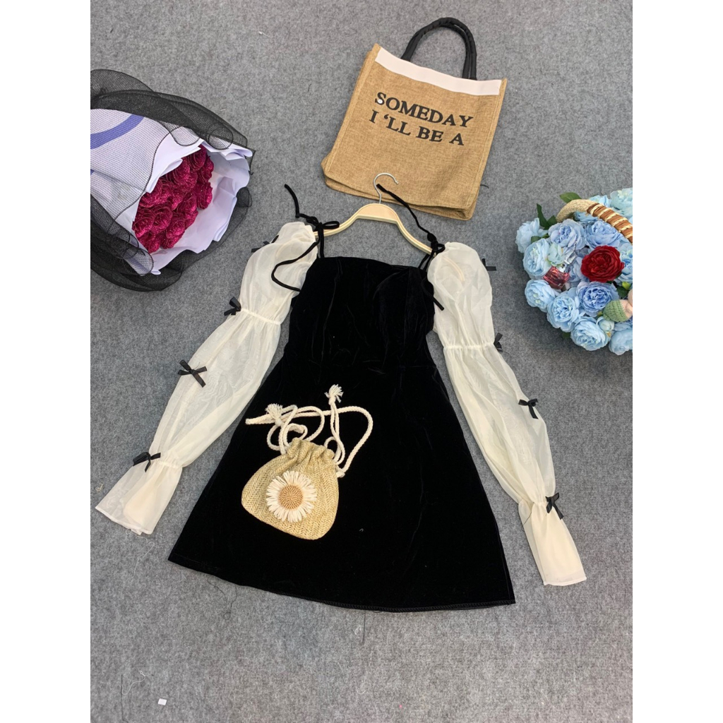 Váy nhung đính nơ dài tay, chất liệu tơ nến may bồng đính nơ tiểu thư Có khoá lưng tEM mác như hàng shop