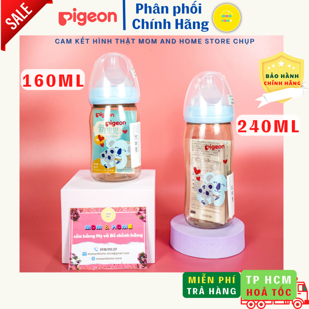 Bình sữa cổ rộng Pigeon PPSU Plus Nhật Bản với núm vú silicone siêu mềm Plus Hàng Chính Hãng - Mom and Ho