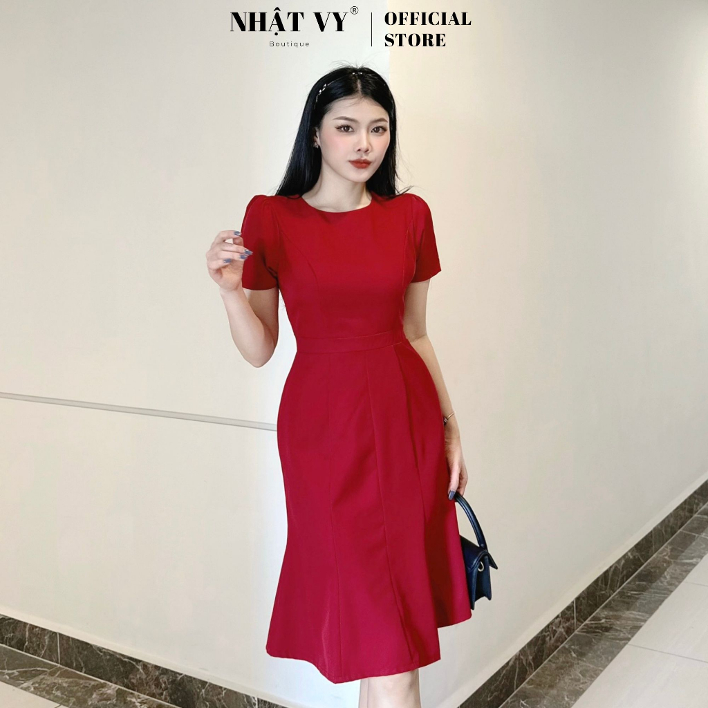 Đầm đi chơi đuôi cá Nhật Vy cổ tròn tay ngắn chiết eo chất lụa phù hợp công sở cafe sang chảnh - D2597