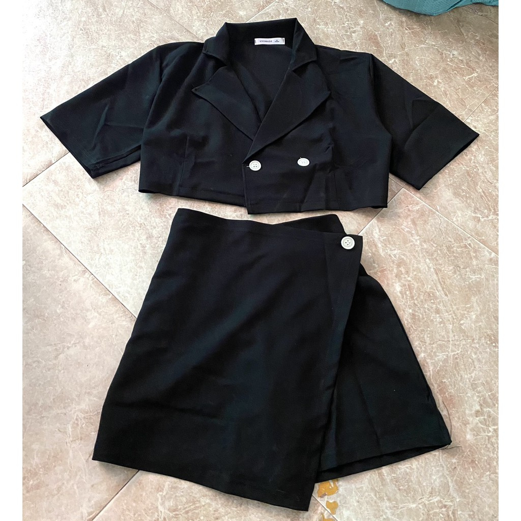Bộ áo vest lửng croptop phối chân váy dạng quần kèm áo sơ mi ngắn thanh lịch SQ037 set đồ nữ công sở đi làm đi học đi ch