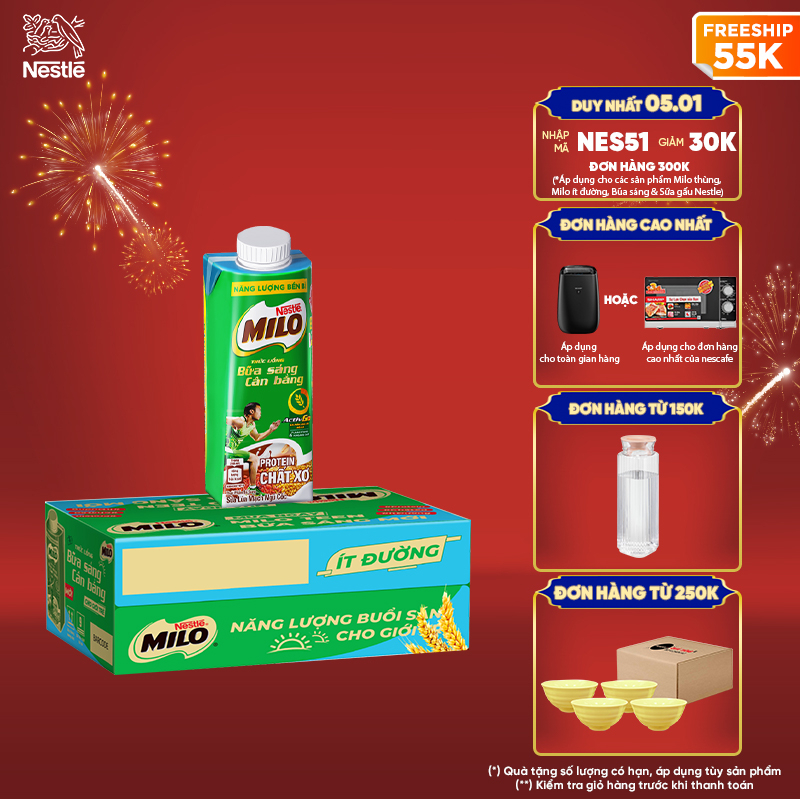 Thùng 24 hộp sữa lúa mạch ngũ cốc Nestlé MILO teen bữa sáng ít đường 200 ml/hộp