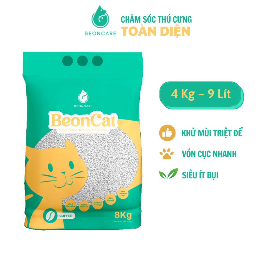 Cát vệ sinh cho mèo Beoncat 4kg (tương đương 9 Lít) Siêu vón, Khử mùi triệt để, diệt khuẩn, không bụi