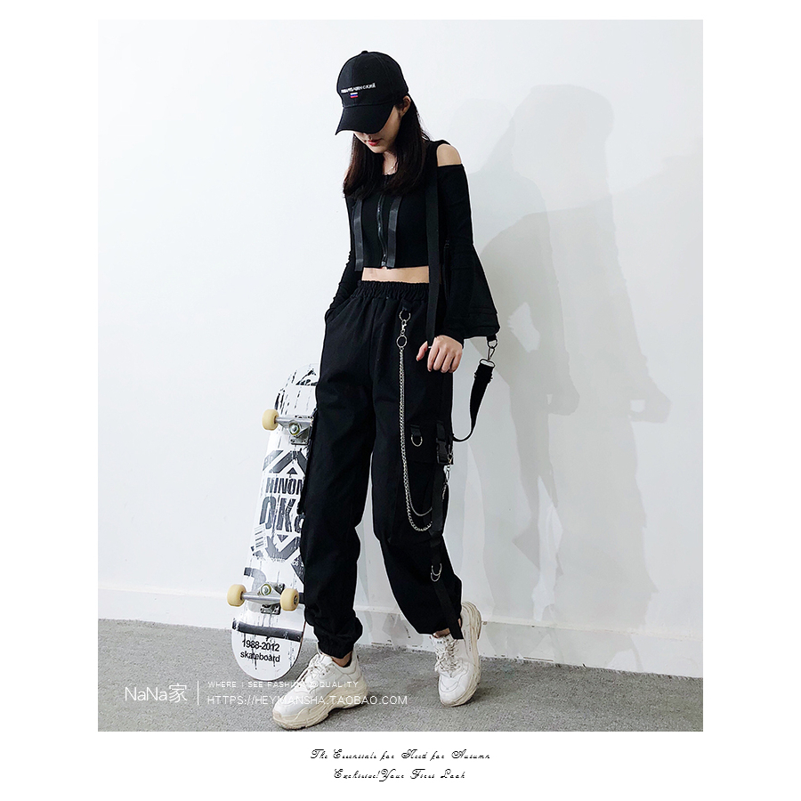 Quần Dài Hip Hop Lưng Cao Dáng Rộng Mỏng Q041 Quần jogger bo gấu Có Dây Xích Phong Cách Harajuku Hàn Quốc Cho Nữ