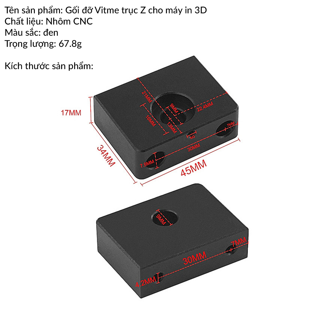 Gối đỡ Vitme T8 trục Z nhôm CNC cho máy in 3D Prusa