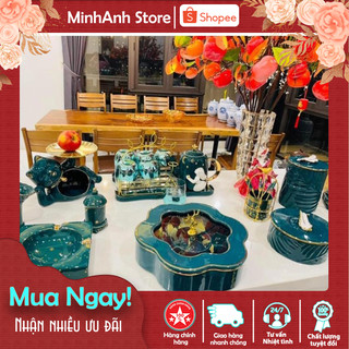Khay mứt tết giá đỡ , khay đựng bánh kẹo nắp xanh cổ vịt 6 ngăn, nắp thủy tinh hươu mẫu hot tết 2022