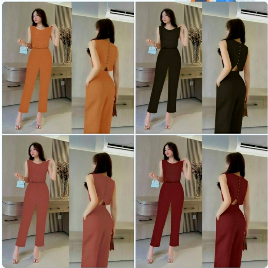 Set nguyên bộ quần dài suông, áo cổ thuyền sát nách khoét lưng V phối nút xinh xắn - YB230110