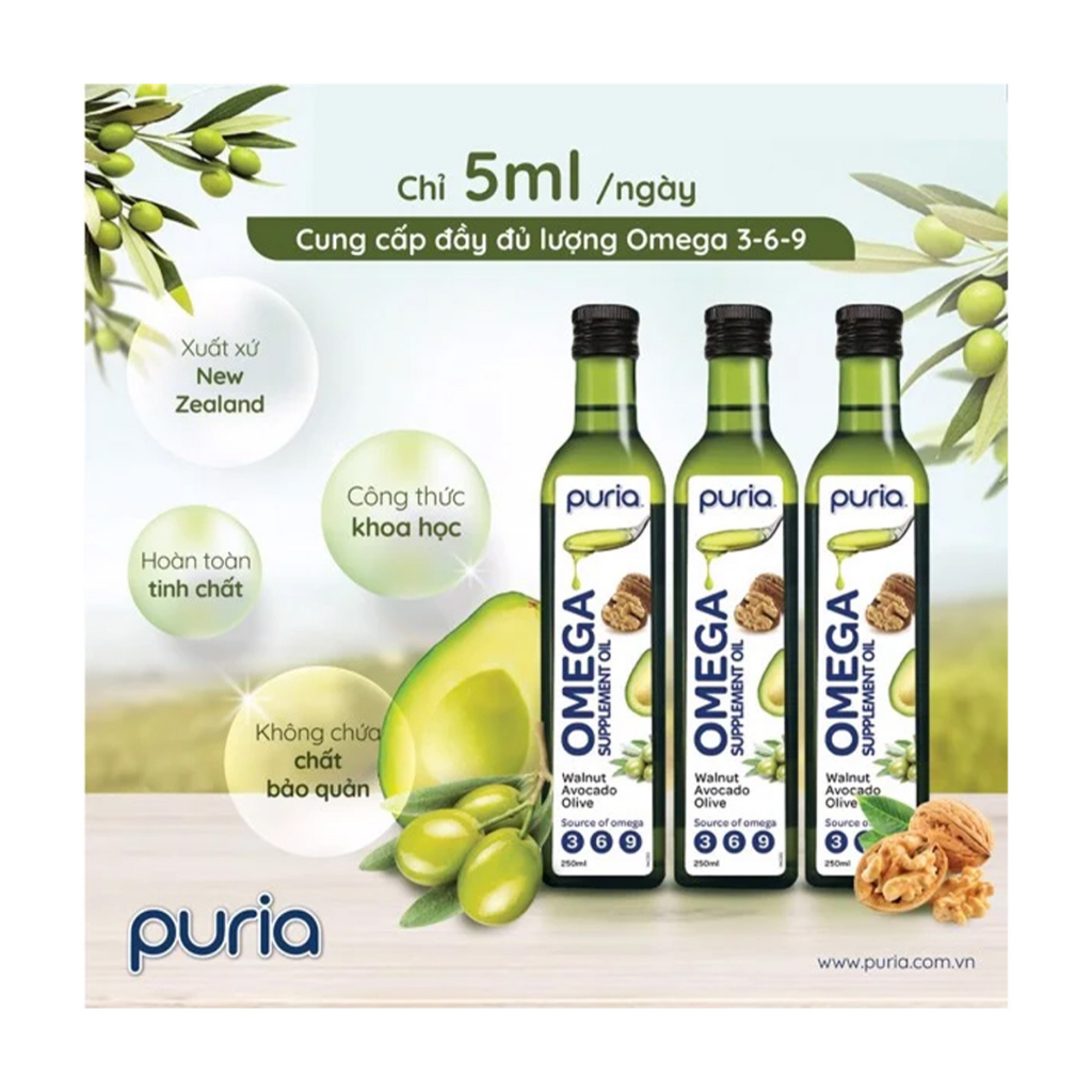 Hỗn hợp Dầu Thực Vật Bao Gồm Quả Bơ, Hạt Óc Chó, Dầu Oliu Bổ Sung Omega 3, 6, 9 Puria Omega Supplement Oil, Chai 250 mL