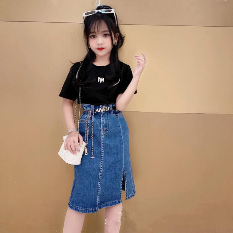 Set áo  và váy jean kèm thắt lưng sang chảnh bé gái