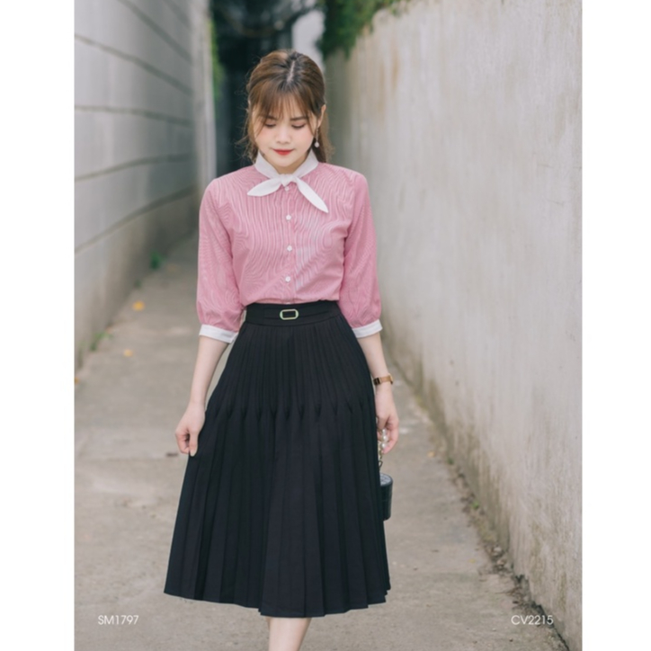 Áo sơ mi nữ kẻ hồng nơ thỏ thiết kế Bazzi - ẢNH THẬT TỰ CHỤP