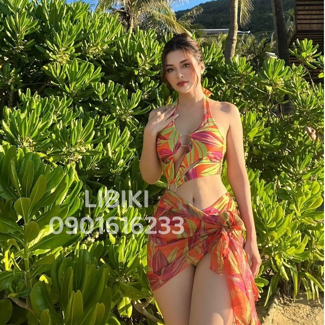 Set bikini tam giác, set đồ bơi liền lá cam neon khuyên lệch kèm khăn voan cao cấp