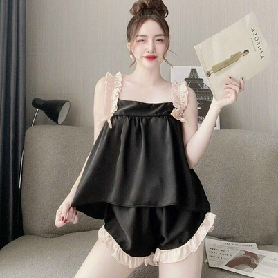 Bộ lụa satin bèo tiểu thư dây vai nhúng nơ nhí dễ thương dưới 56kg - LNS