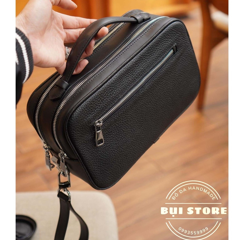 Túi Clutch cầm tay da bò thật, Túi Golf 2 ngăn có khóa số an toàn hàng khâu tay thủ công 100%