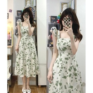 Váy đầm 2 dây nơ hoa xanh tôn dáng