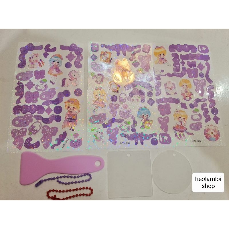 Set 3 tấm sticker bling bling lớn kèm 2 móc khóa treo acrylic DIY, hình dán lấp lánh