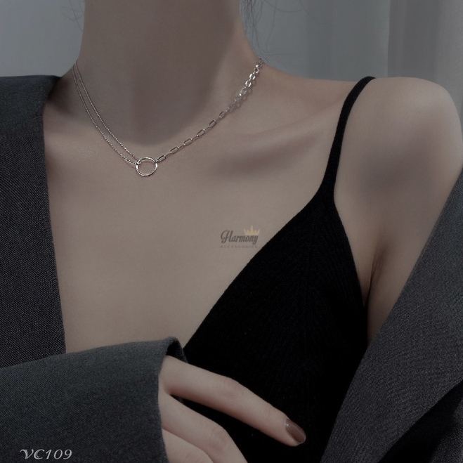 Dây chuyền nữ bạc 925 xi kim choker mắt xích mặt tròn rỗng cá tính| HARMONY ACCESSORIES VC109